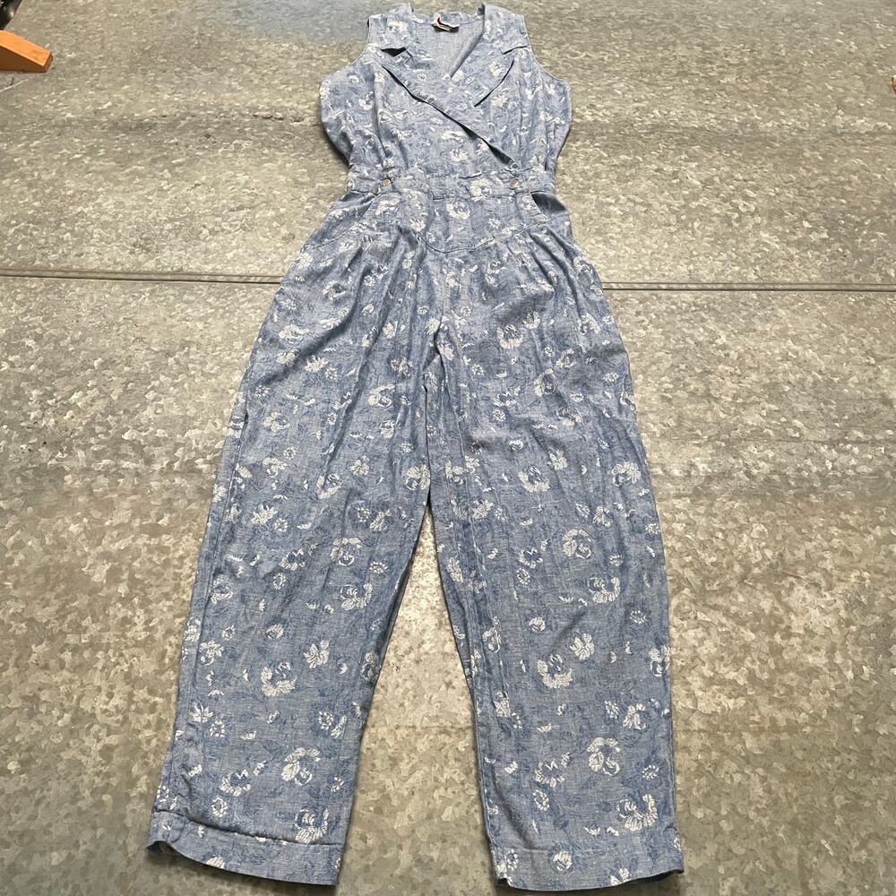 Vintage FADS Denim Chambray Floral Jumpsuit Womens 11 USA Cotton 80s 90s Retro